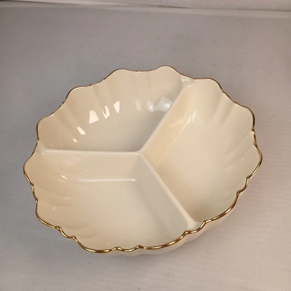 Lenox Symphony 3 Part Scalloped Serving Bowl Ivory 24K Gold Rim 8